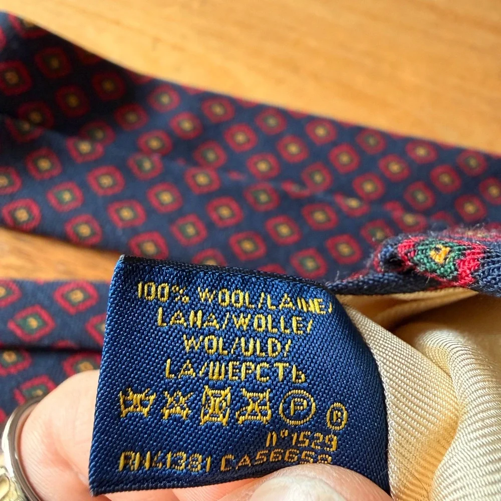Ralph Lauren Wool Navy Tie with Red and Green Medallion Pattern